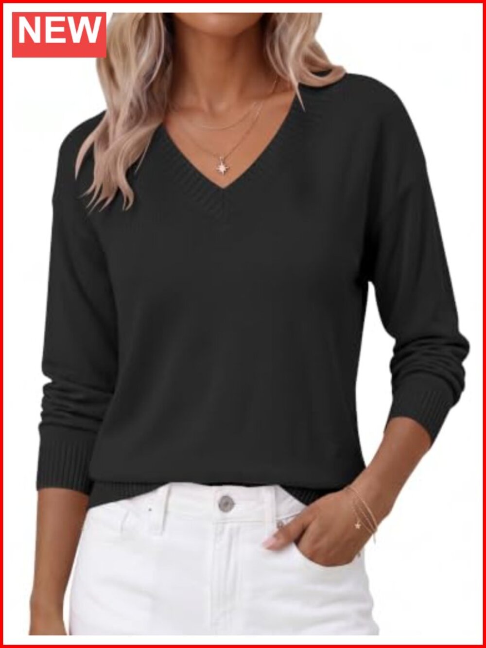 LOMON Womens V-Neck Long Sleeve Cropped Sweater Pullover Casual Top